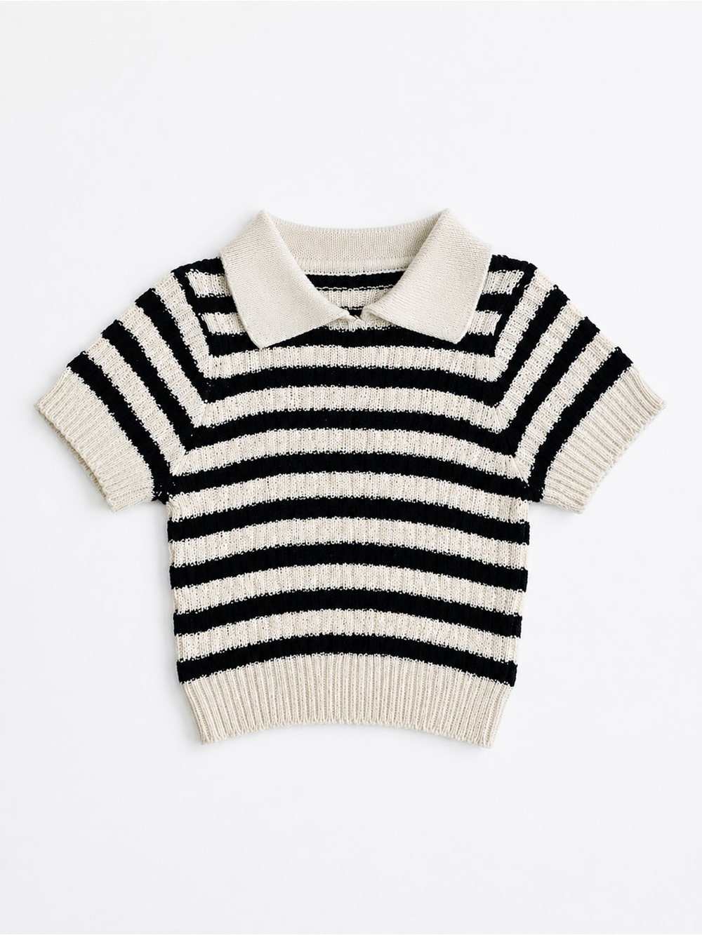 Striped Polo Knit Top - Black & Cream short sleeve kids sweater size 4